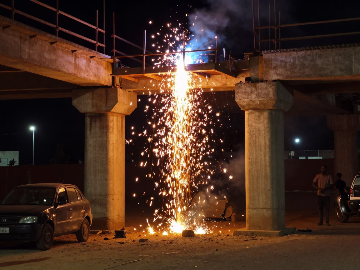 Nighttime Dakar Street Scene with Welding Sparks Under Construction Bridge in in Dakar, Senegal