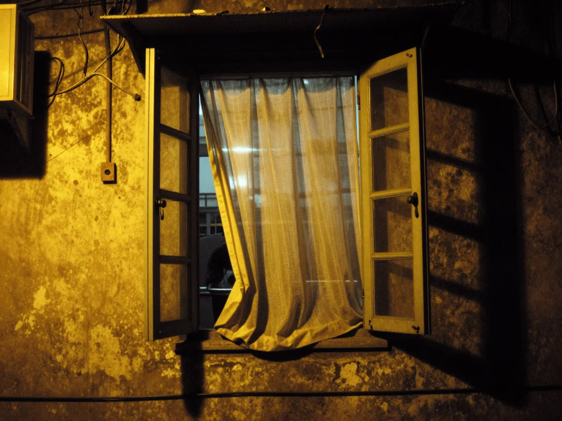Nighttime Delhi Street Scene with Curtain Lifting and Urban Details in in Delhi, India