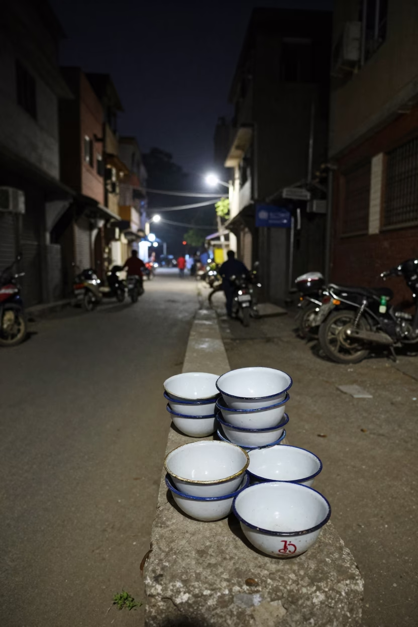 Nighttime Delhi Street Scene with Enamel Bowls and Urban Decay Details in in Delhi, India