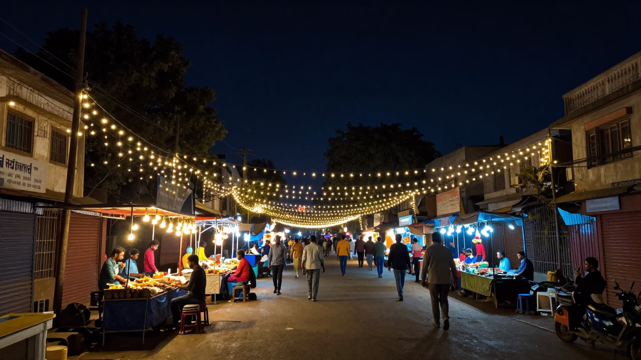 Nighttime Delhi Street Scene with String Lights and Local Market Activity in in Delhi, India