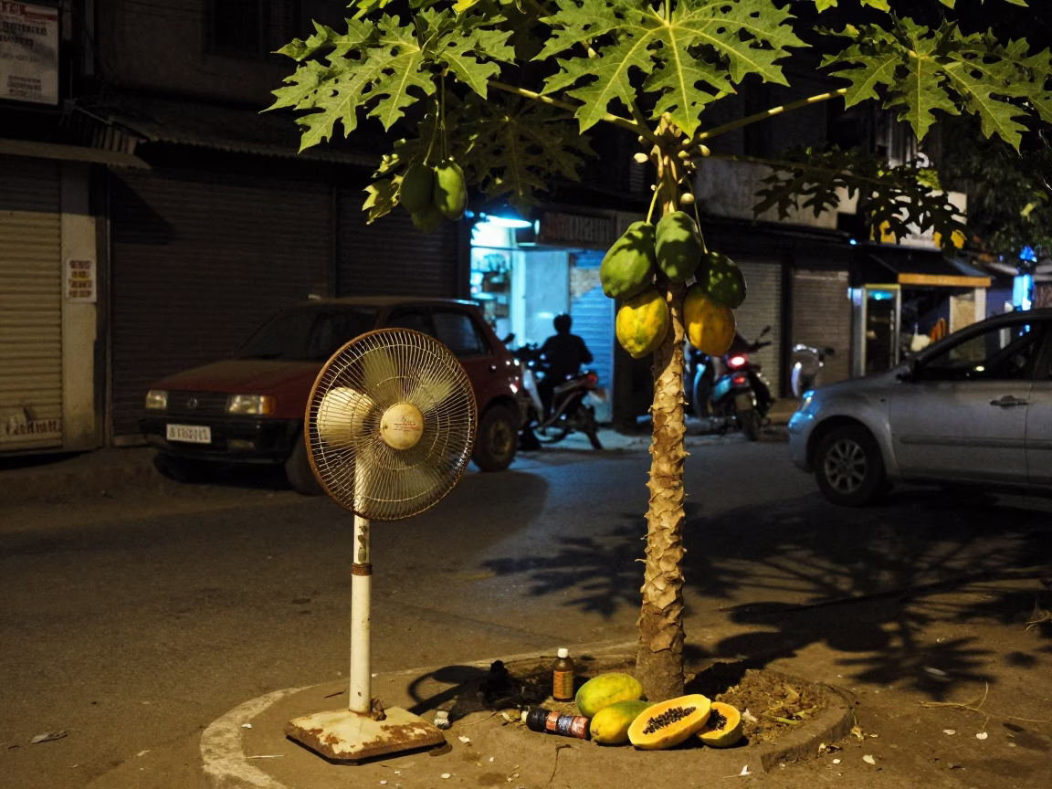 Nighttime Delhi Street Scene with Table Fan and Papaya Tree in Deep Night in in Delhi, India