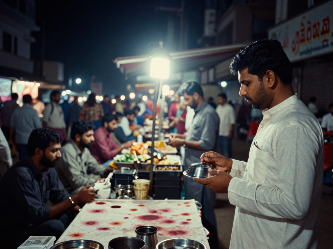 Nighttime Delhi Street Scene with Tea Stains on Fabric and Pot Lid in in Delhi, India