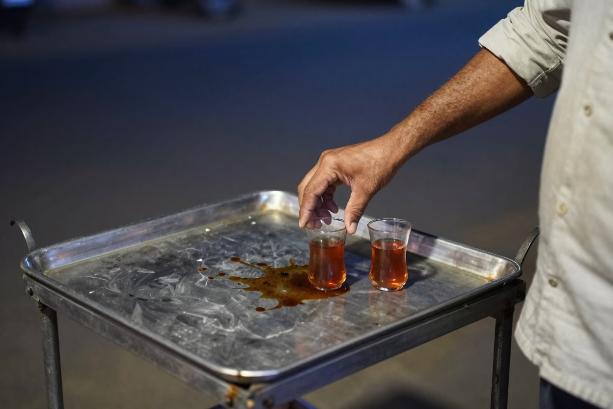 Nighttime Delhi Street Scene with Tea Stains on Tray and Sewage Pumping Station in in Delhi, India