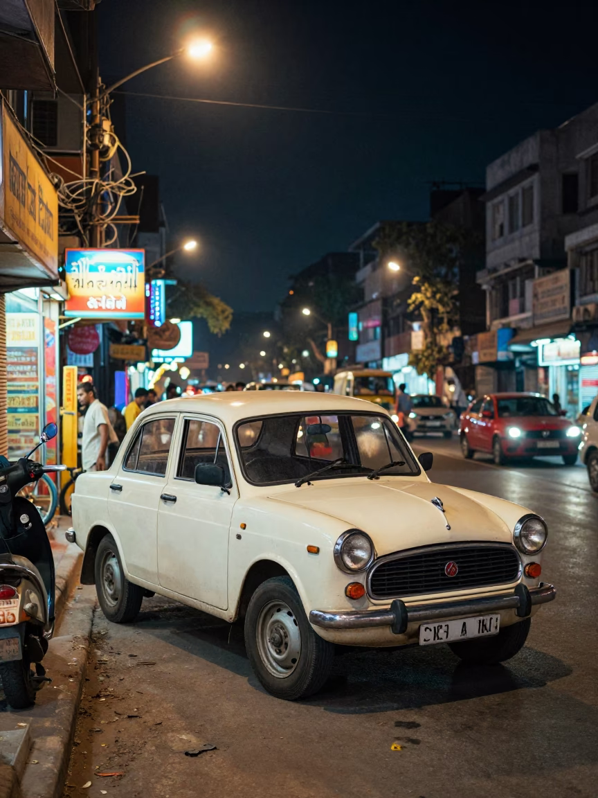 Nighttime Delhi Street Scene with Vintage Car and Bright Neon Signs in in Delhi, India
