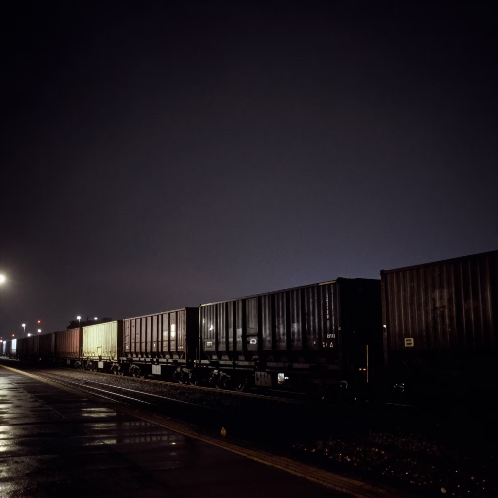 Nighttime Docklands Liverpool Freight Train Silhouette Against Deep Sky in in Liverpool, United Kingdom