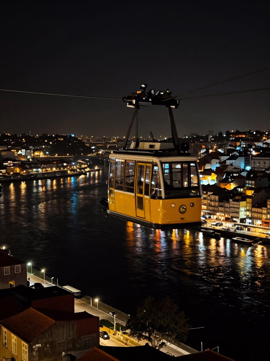 Nighttime Douro River Valley with Cable Car and White Walls in Porto Portugal in in Porto, Portugal