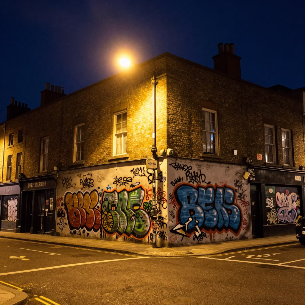 Nighttime Dublin Street Scene with Colorful Graffiti and Vintage 1980s Aesthetic in in Dublin, Ireland