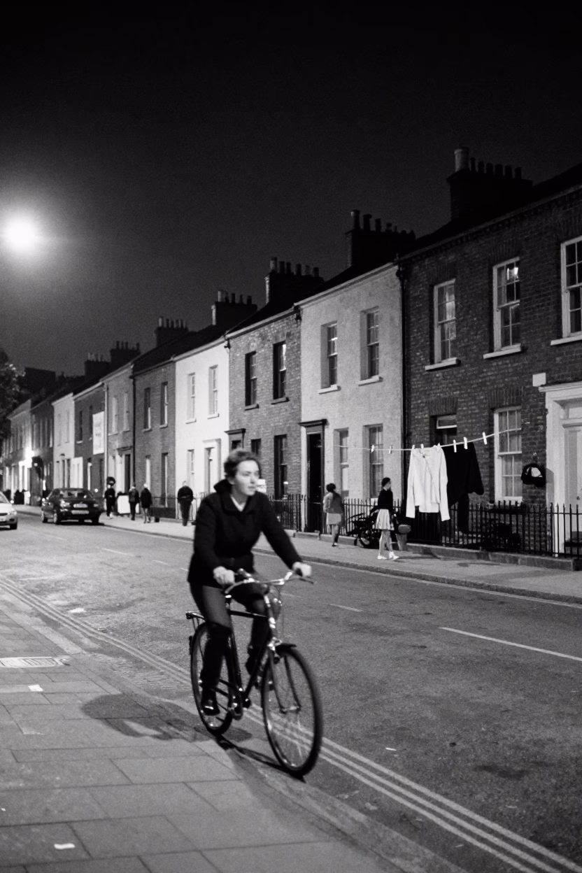 Nighttime Dublin Street Scene with Cyclist and Laundry Pegs in in Dublin, Ireland