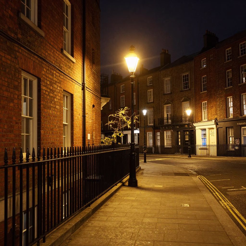 Nighttime Dublin Street Scene with Red Brick Architecture and Wet Pavement Reflections in in Dublin, Ireland