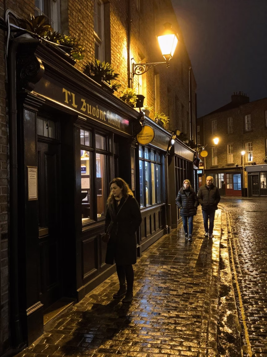 Nighttime Dublin Street Scene with Spiced Tea and Charm Bracelet Detail in in Dublin, Ireland