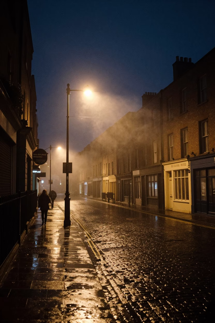 Nighttime Dublin Street Scene with Steam Haze and Clear Glass Shelf Bracket Reflections in in Dublin, Ireland
