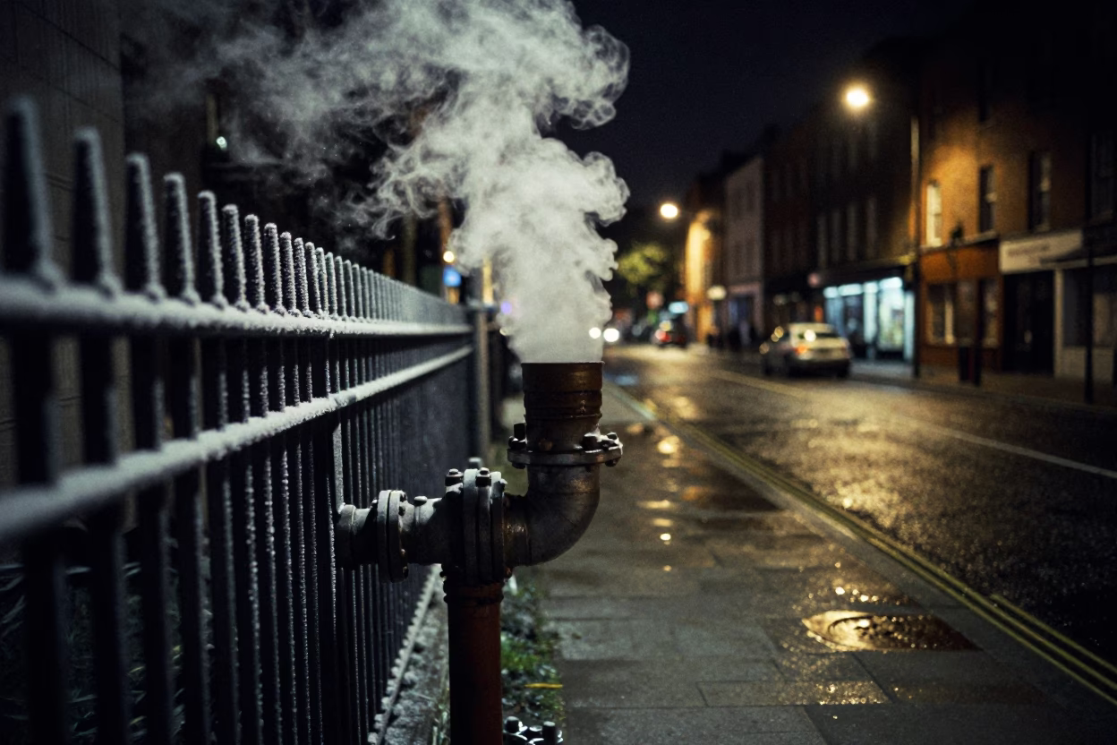 Nighttime Dublin Street Scene with Steaming District Heating Pipe and Frosty Fencing in in Dublin, Ireland