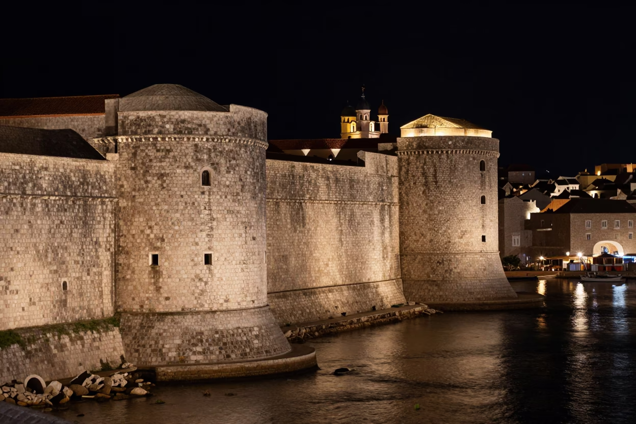 Nighttime Dubrovnik Croatia Stone Walls and Harbor Lights from the Fortification Walk in in Dubrovnik, Croatia