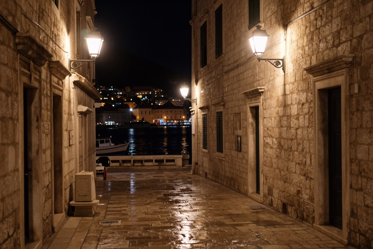 Nighttime Dubrovnik Harbor Street with Hanging Lanterns and Coastal Details in in Dubrovnik, Croatia