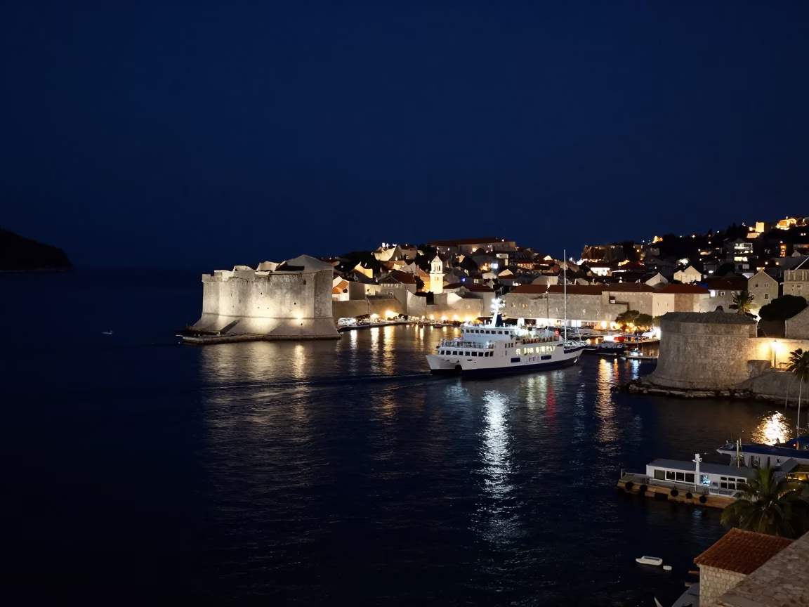 Nighttime Dubrovnik Harbor View with Catamaran Ferry and Coastal Architecture in in Dubrovnik, Croatia