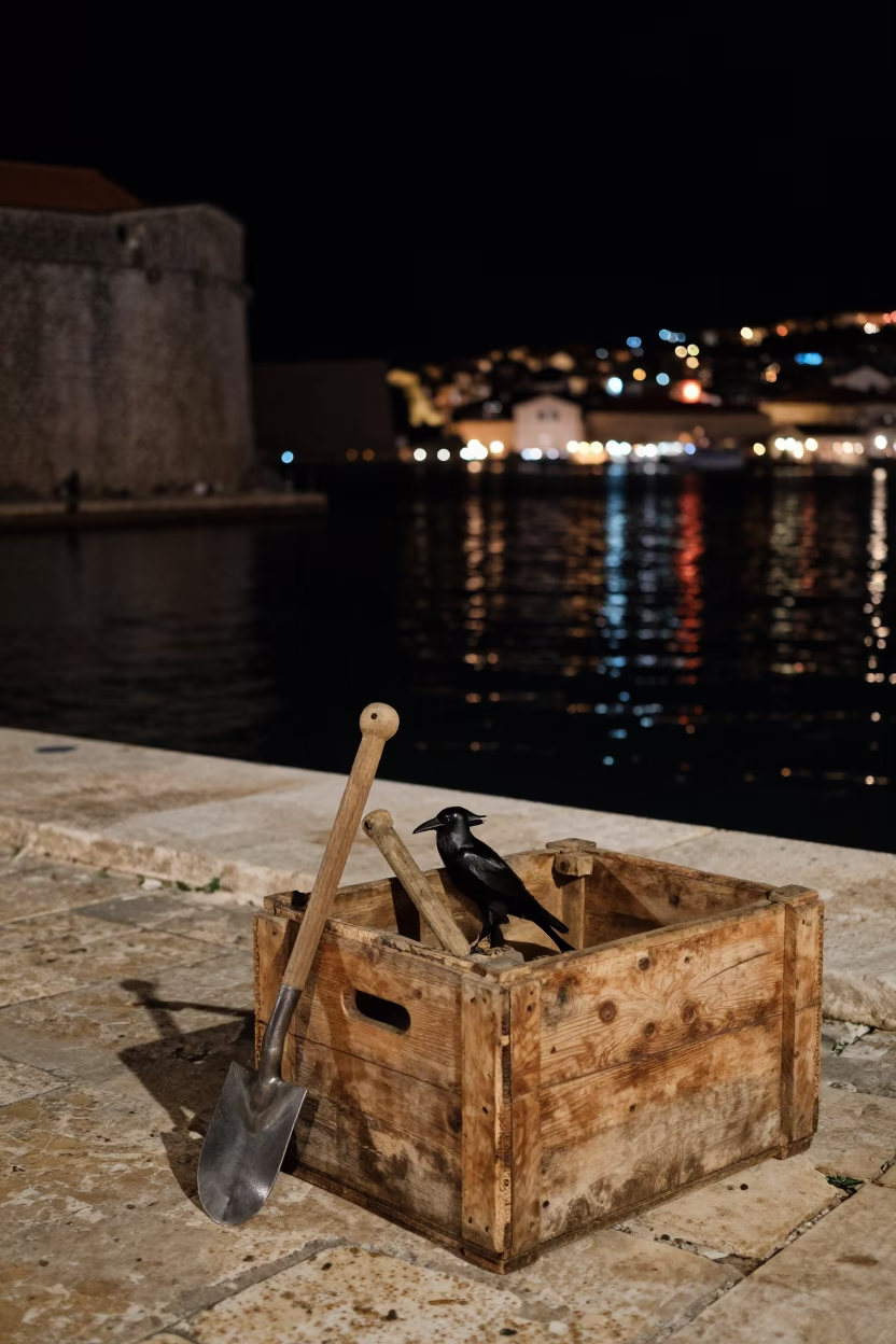 Nighttime Dubrovnik Harbor with Crowbar and Trowel on Stone Dock in in Dubrovnik, Croatia