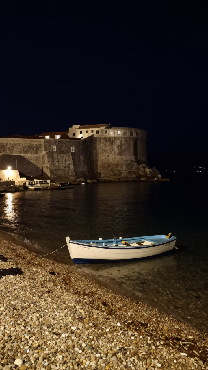 Nighttime Dubrovnik Harbor with Rowboat on Pebble Beach and Stone Walls in in Dubrovnik, Croatia