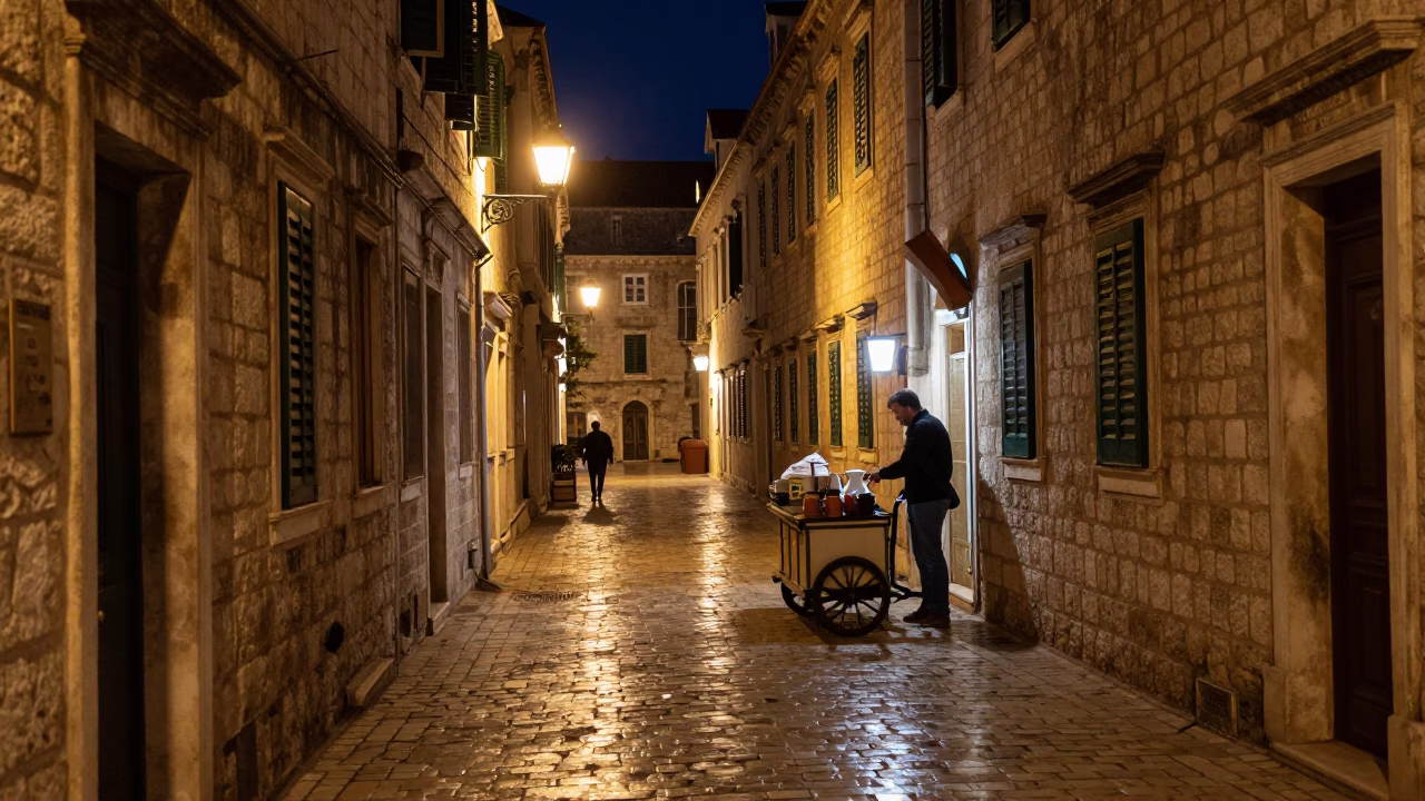 Nighttime Dubrovnik Old Town Cobblestone Street with Enamel Pitcher and Ceramic Mugs in in Dubrovnik, Croatia