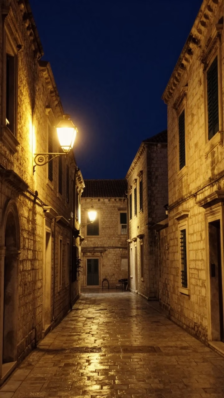 Nighttime Dubrovnik Old Town street scene with illuminated stone walls and local activity in in Dubrovnik, Croatia
