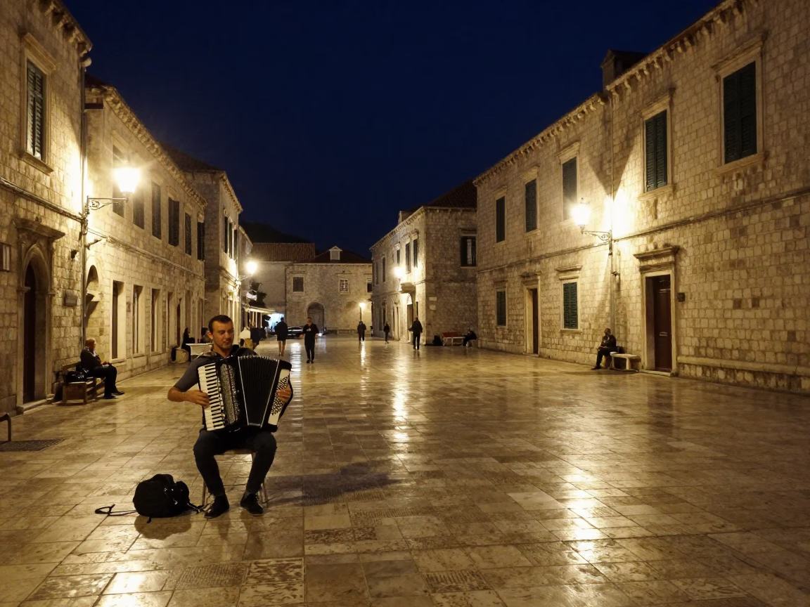 Nighttime Dubrovnik Street Scene with Accordion Player and Empty Ashtray Under Deep Sky in in Dubrovnik, Croatia