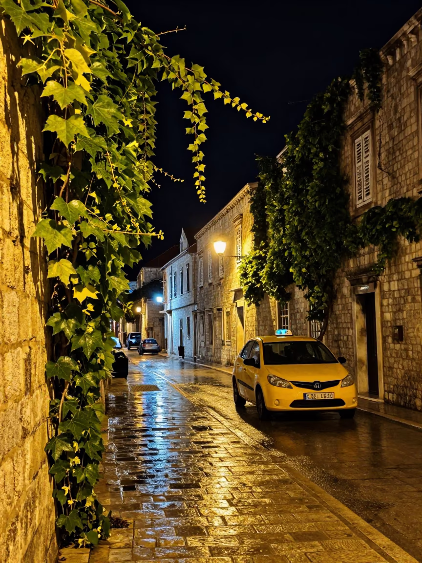 Nighttime Dubrovnik street scene with ivy vines and yellow taxi in rain in in Dubrovnik, Croatia