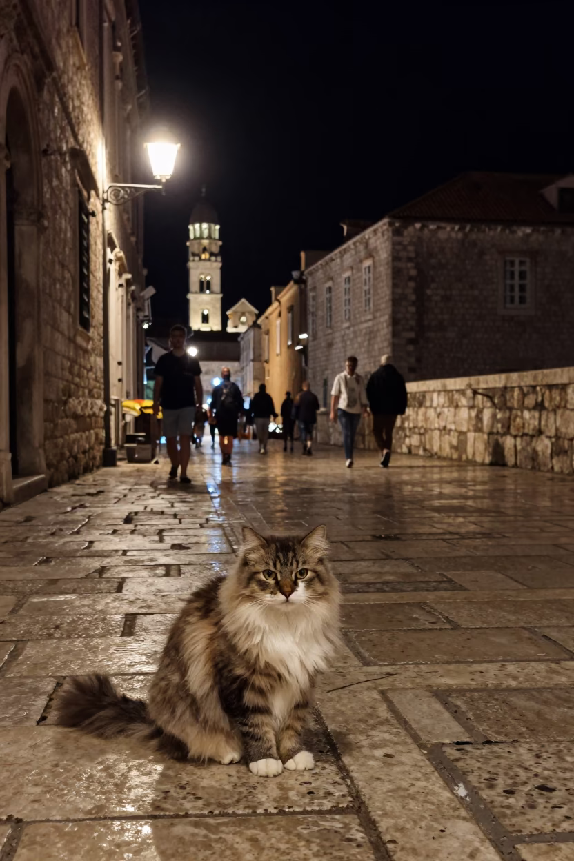 Nighttime Dubrovnik Street Scene with Minuet Longhair Cat and Lampshade in in Dubrovnik, Croatia