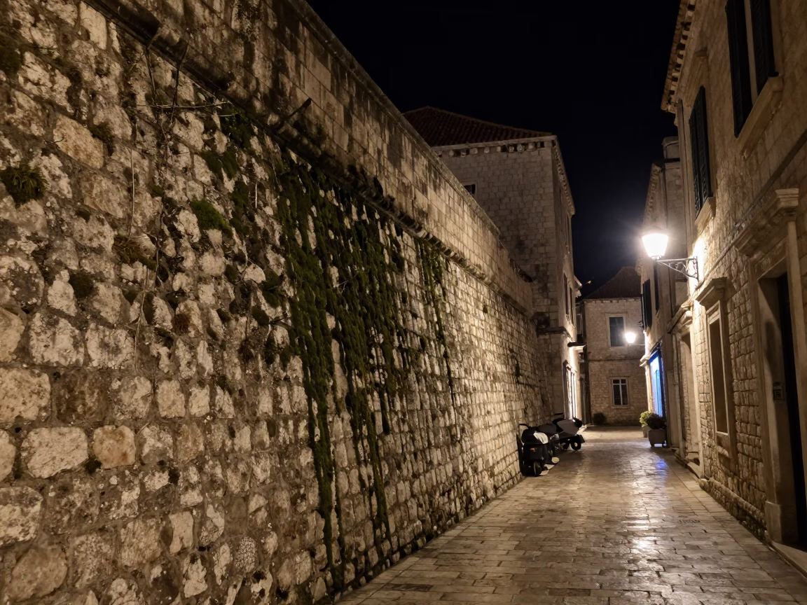 Nighttime Dubrovnik Street Scene with Mossy Stone Wall and Driftwood Detail in in Dubrovnik, Croatia