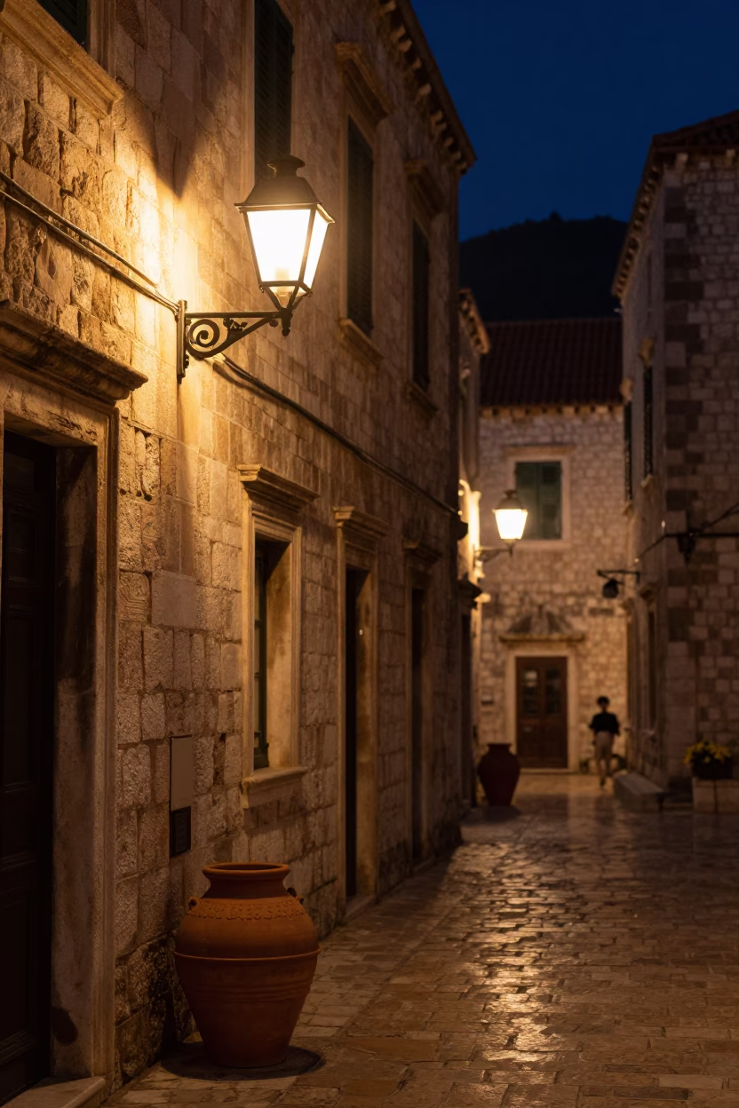 Nighttime Dubrovnik Street Scene with Wall Sconce and Terracotta Pot in Croatian Alley in in Dubrovnik, Croatia