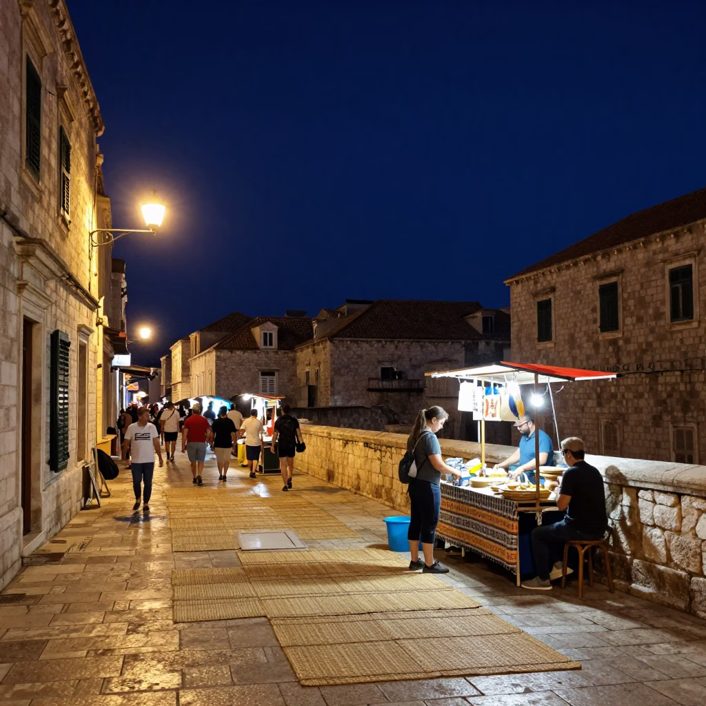 Nighttime Dubrovnik Street Scene with Woven Mats and Local Life Under Deep Night Sky in in Dubrovnik, Croatia