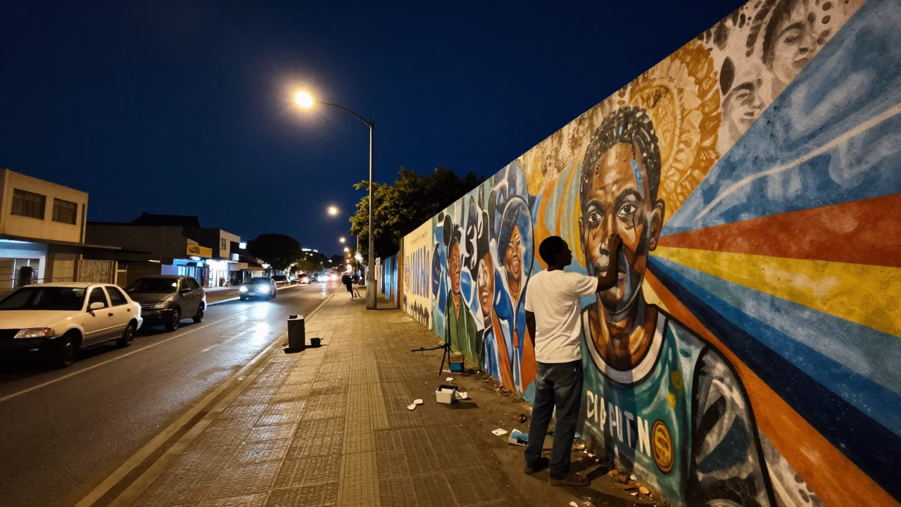 Nighttime Durban Street Scene with Artist Painting Mural Under Deep Sky in in Durban, South Africa