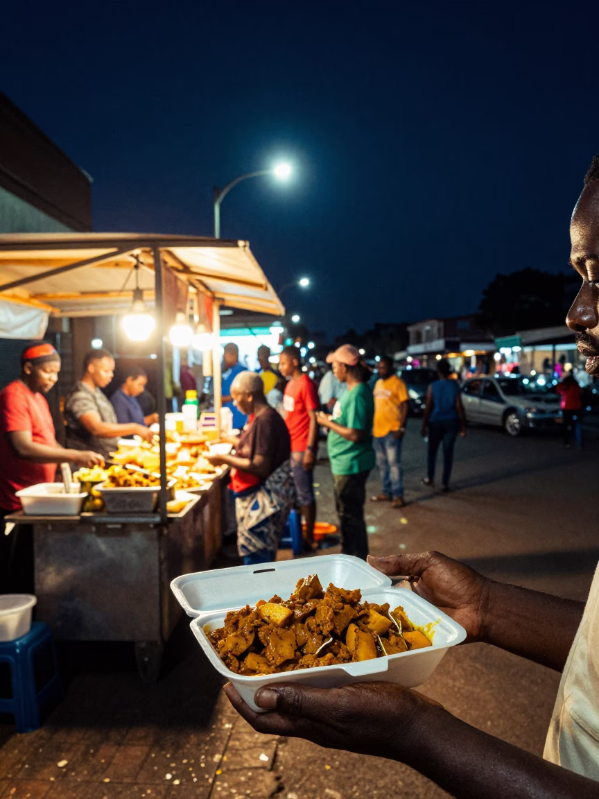 Nighttime Durban Street Scene with Bunny Chow Curry Plate Under Deep Night Sky in in Durban, South Africa
