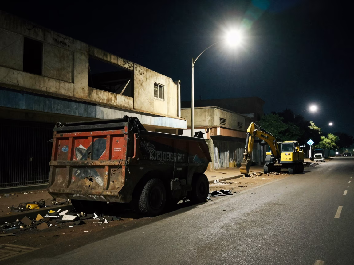 Nighttime Durban Street Scene with Demolition Dumpster and Gutted Storefront Facade in South Africa in in Durban, South Africa