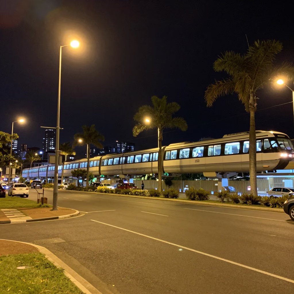 Nighttime Durban Street Scene with Monorail and Palm Trees in in Durban, South Africa