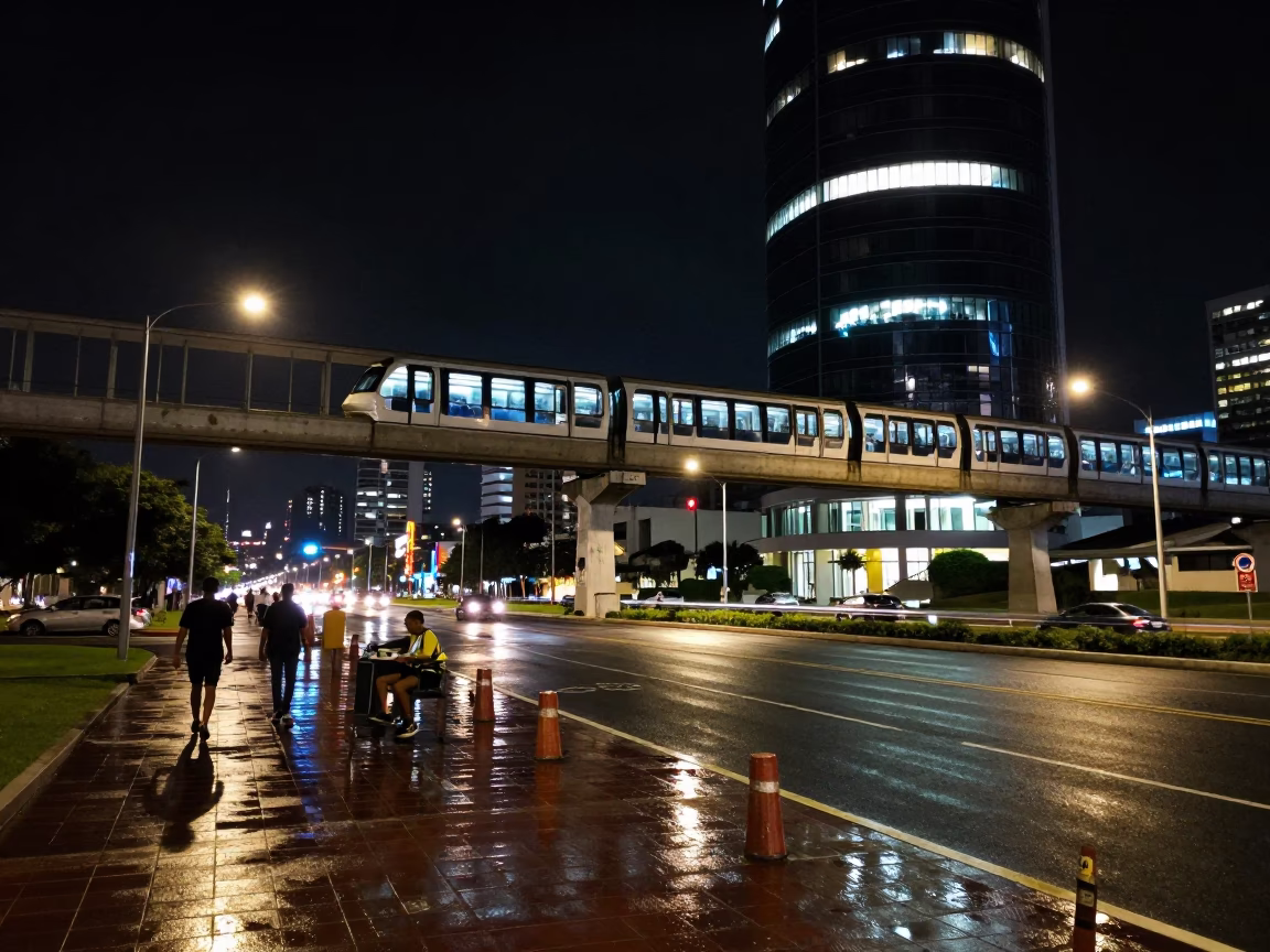Nighttime Durban Street Scene with Monorail Reflection in Glass Skyscraper in in Durban, South Africa