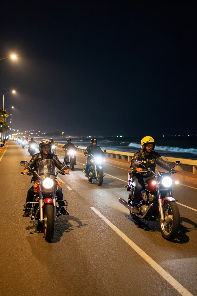 Nighttime Durban Street Scene with Motorcycle Convoy and Coastal Highway Ambience in in Durban, South Africa