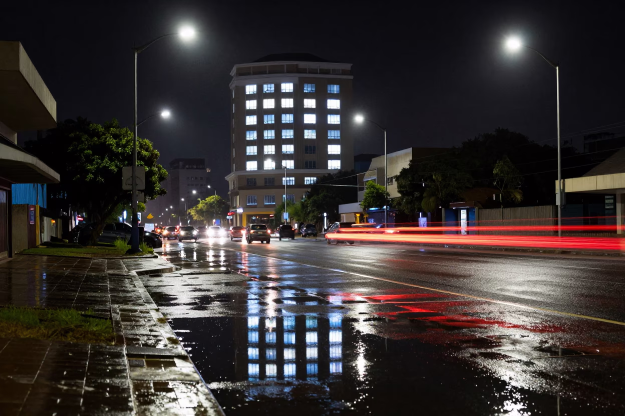 Nighttime Durban Street Scene with Puddle Reflections of Hotel Windows and Tail Lights in in Durban, South Africa