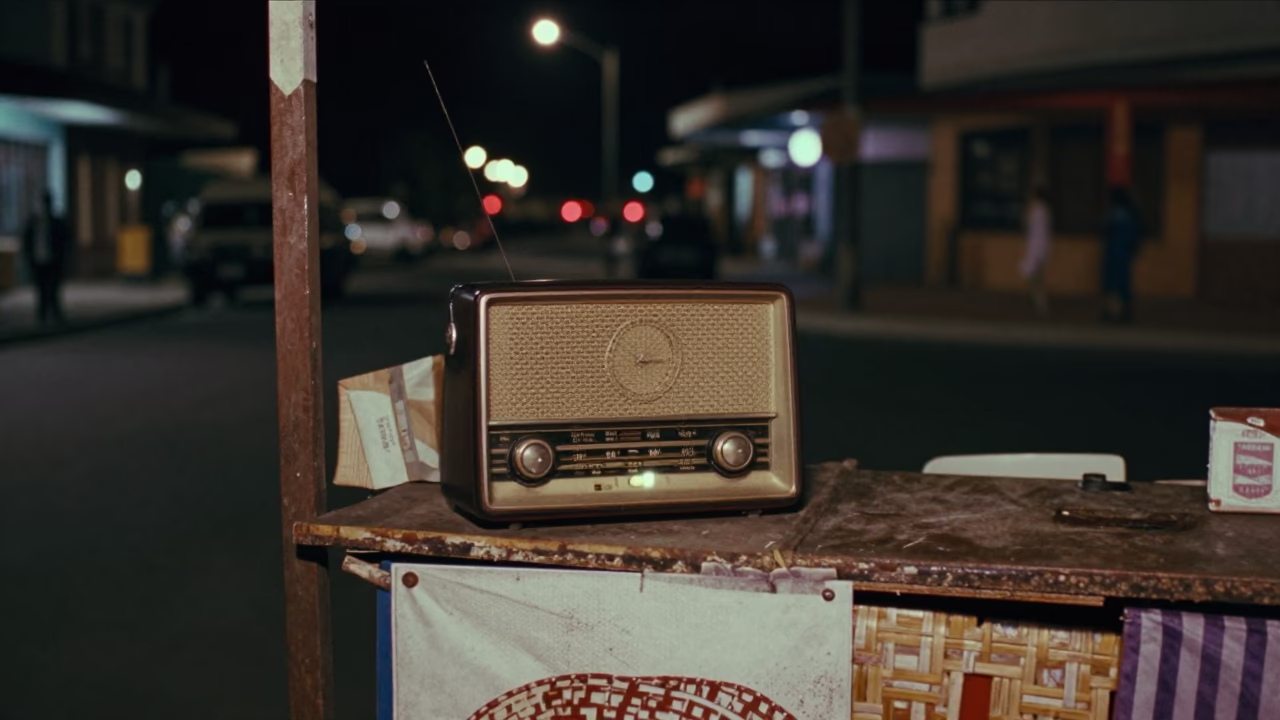 Nighttime Durban Street Scene with Vintage Radio and Woven Mats in in Durban, South Africa