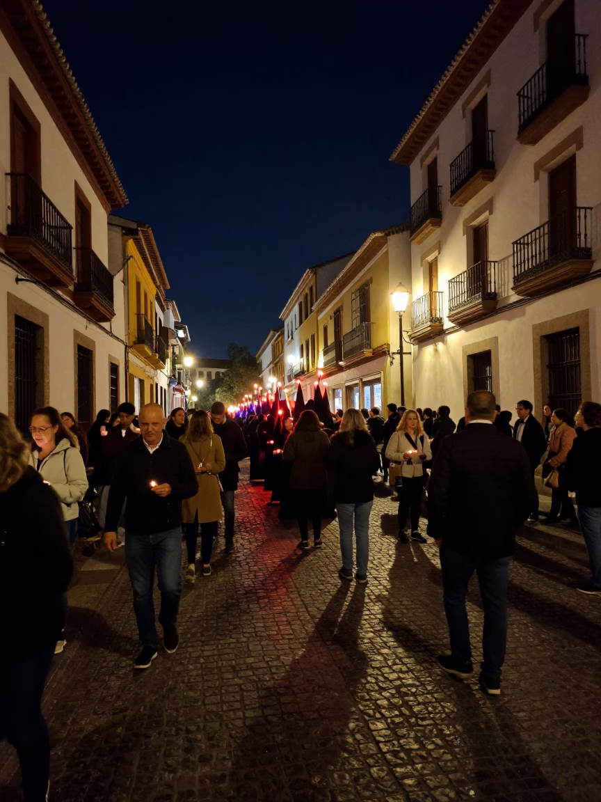 Nighttime Easter Procession Candles in Granada Spain Street Scene in in Granada, Spain
