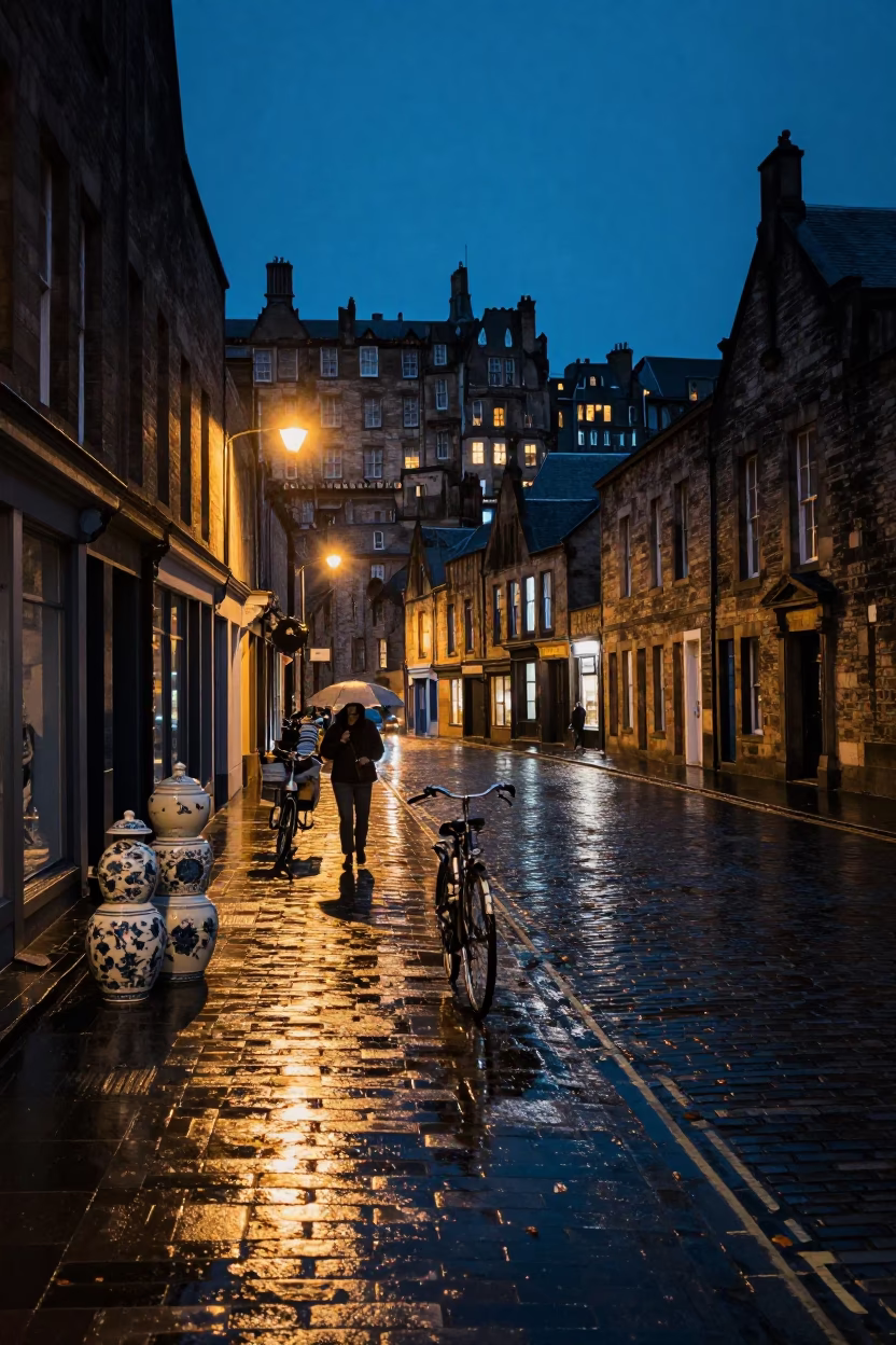 Nighttime Edinburgh Street Scene with Bicycle and Porcelain Jars in Rainy Alley in in Edinburgh, United Kingdom