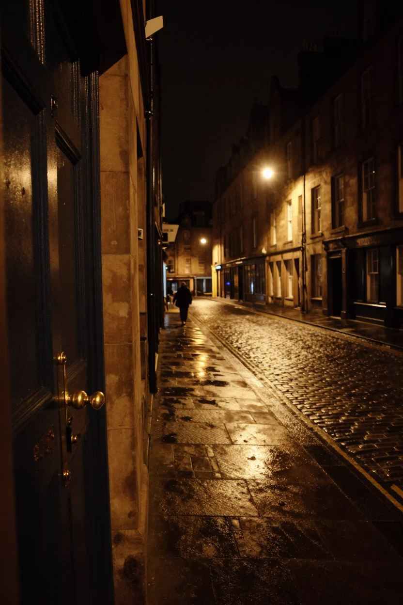 Nighttime Edinburgh Street Scene with Brass Door Hardware and Urban Details in in Edinburgh, United Kingdom