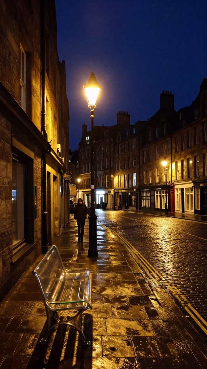 Nighttime Edinburgh Street Scene with Clear Glass Bench and Urban Atmosphere in in Edinburgh, United Kingdom