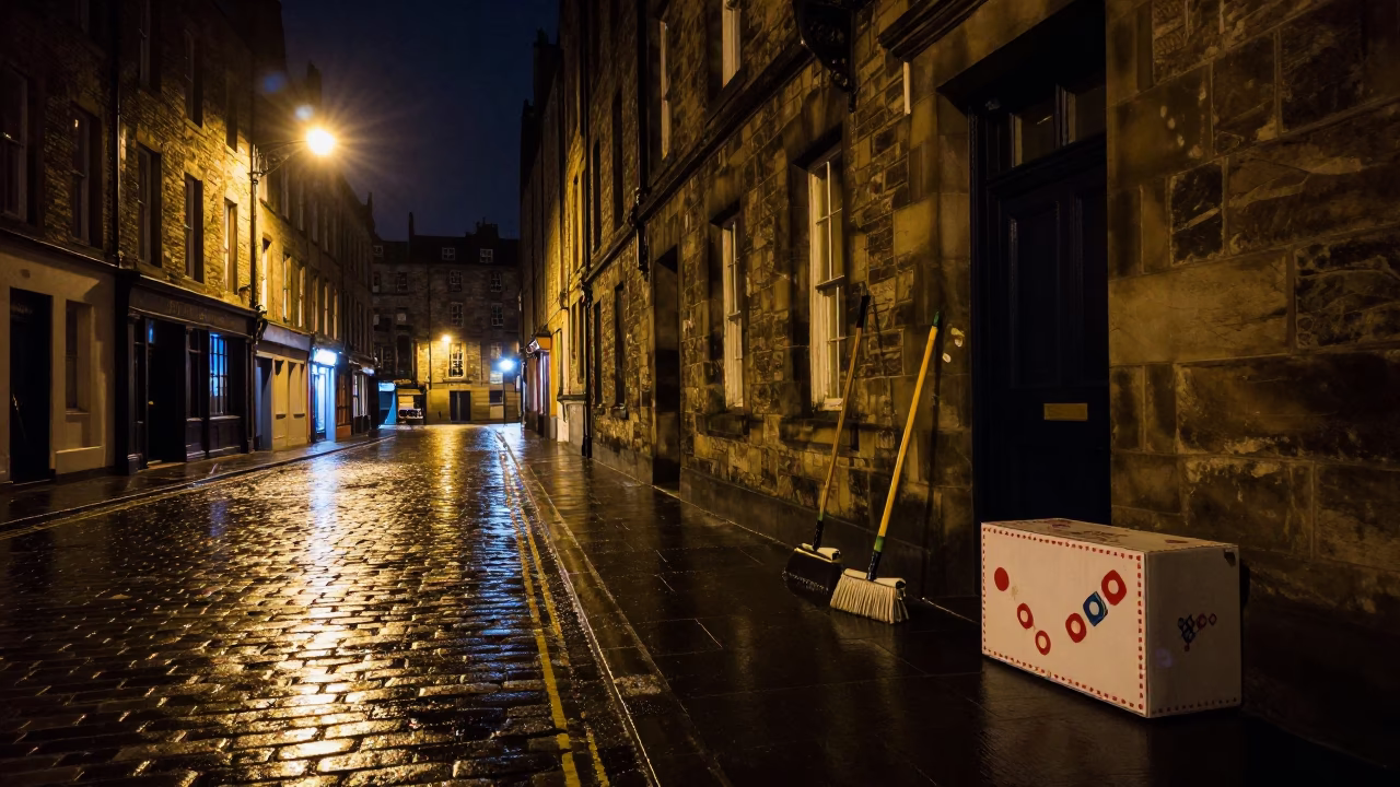 Nighttime Edinburgh Street Scene with Mops and Domino Box on Cobblestone in in Edinburgh, United Kingdom