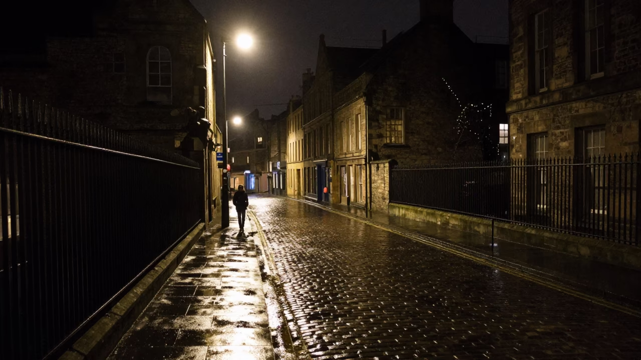 Nighttime Edinburgh Street Scene with Substation Fence and Urban Infrastructure Details in in Edinburgh, United Kingdom
