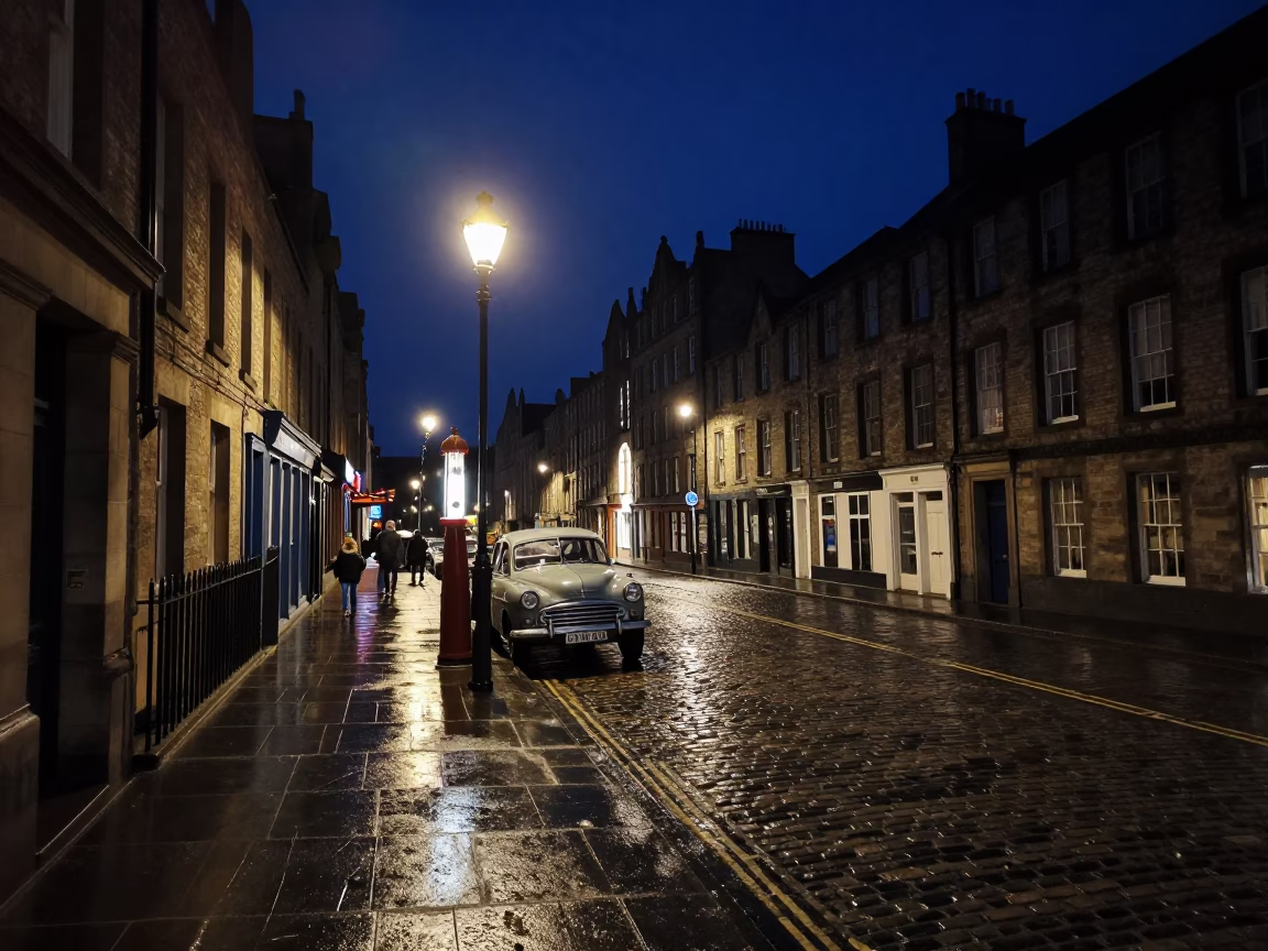 Nighttime Edinburgh Street Scene with Vintage Car and Gas Lamp Illumination in in Edinburgh, United Kingdom