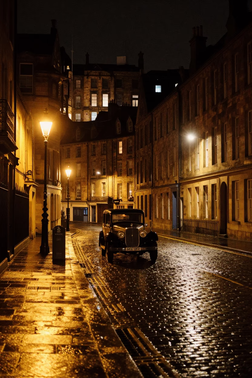 Nighttime Edinburgh Street Scene with Vintage Car and Illuminated Sandstone Buildings in in Edinburgh, United Kingdom