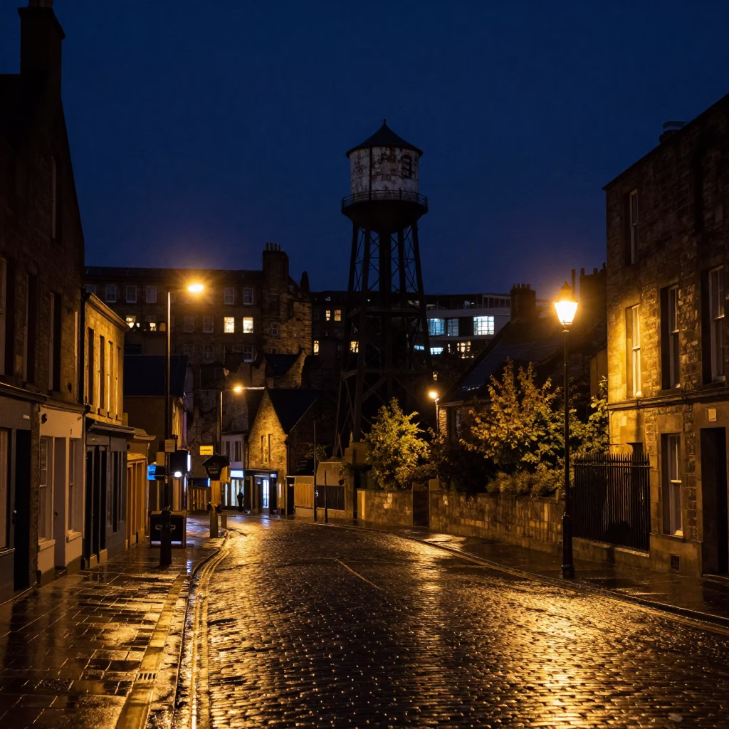Nighttime Edinburgh Street Scene with Water Tower and Urban Details in in Edinburgh, United Kingdom