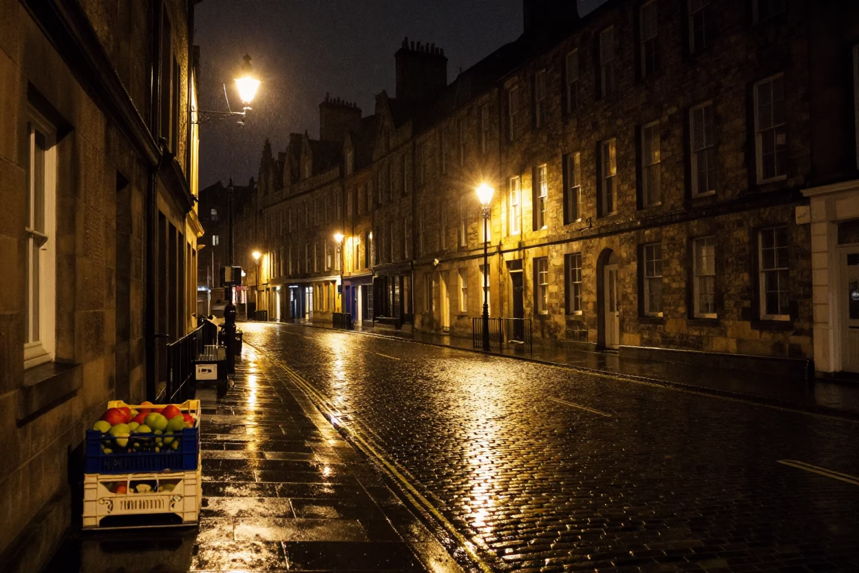 Nighttime Edinburgh Street Scene with Window and Fruit Crate in the Rain in in Edinburgh, United Kingdom