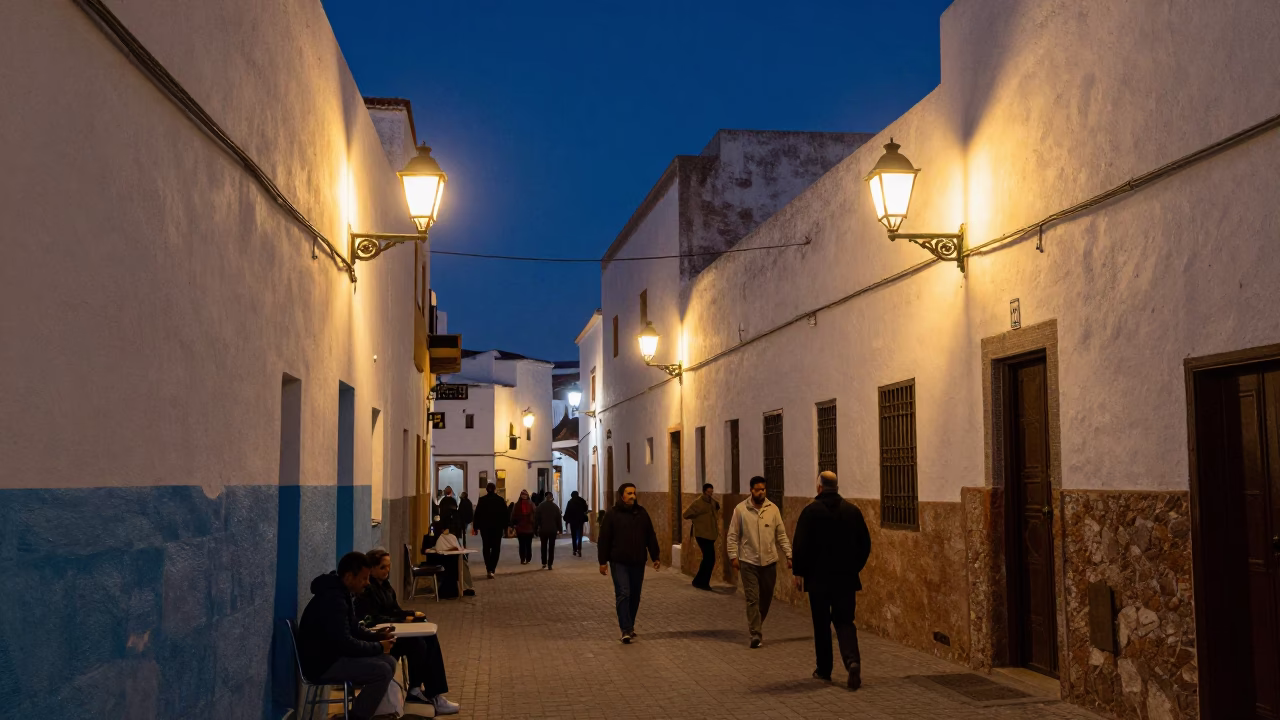 Nighttime Essaouira street scene with glowing lanterns and locals in in Essaouira, Morocco