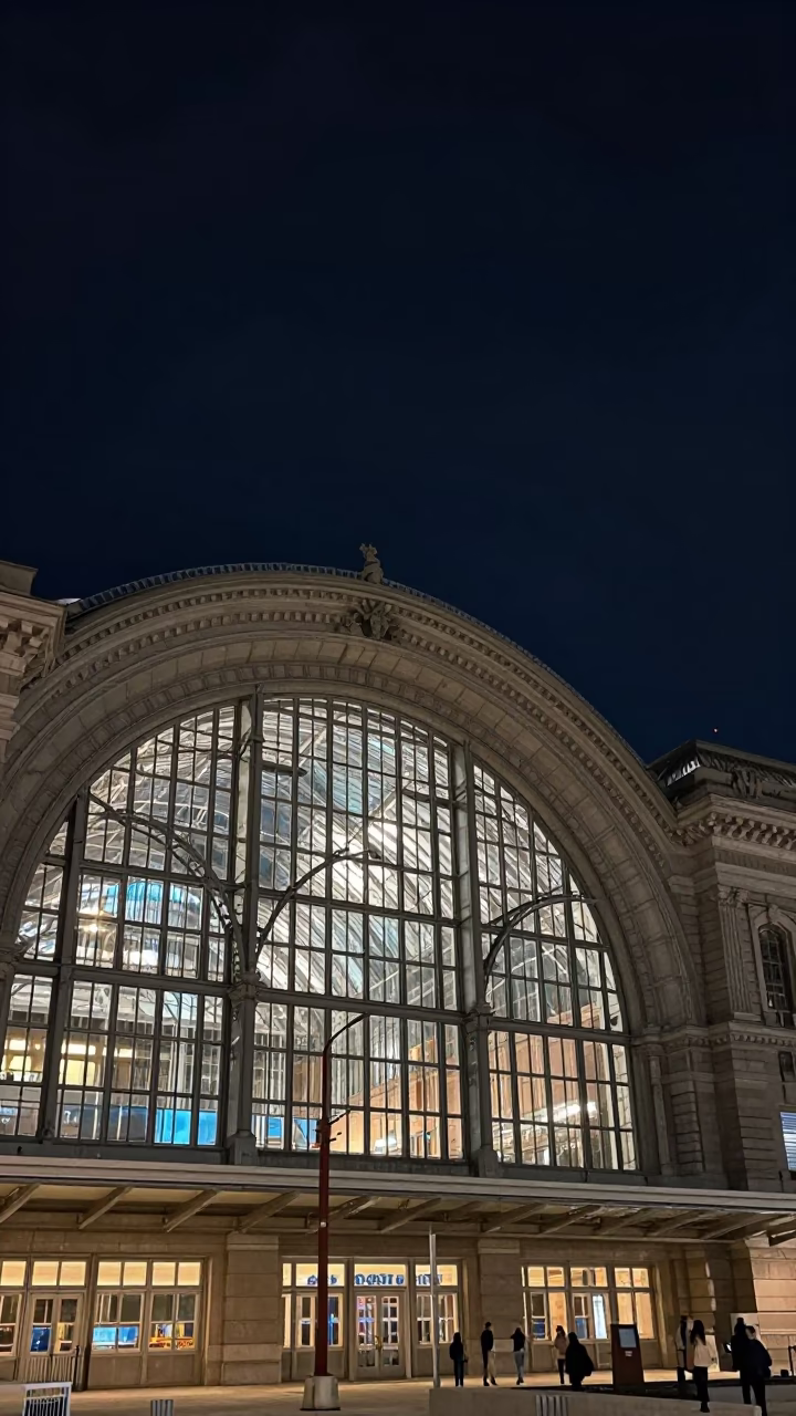 Nighttime Exterior of Union Station Toronto Glass Steel Arched Roof Under Deep Night Sky in in Toronto, Ontario, Canada