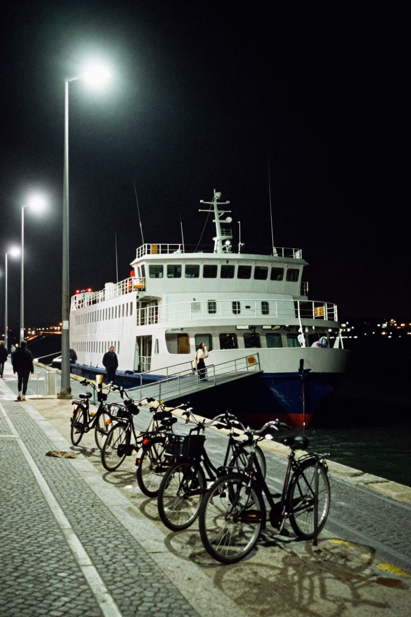 Nighttime Ferry Dock Scene in Lisbon Portugal with Bicycle Loading in in Lisbon, Portugal